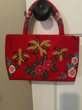 Hand-Beaded Red Floral Tropical Tote Bag